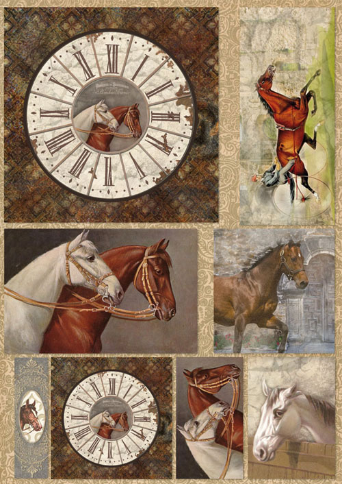 Декупажные карты Stamperia "Винтажные часы, лошади", винтаж, 